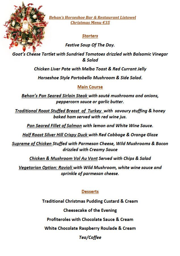 Christmas Menu Horseshoe Bar and Restaurant Listowel